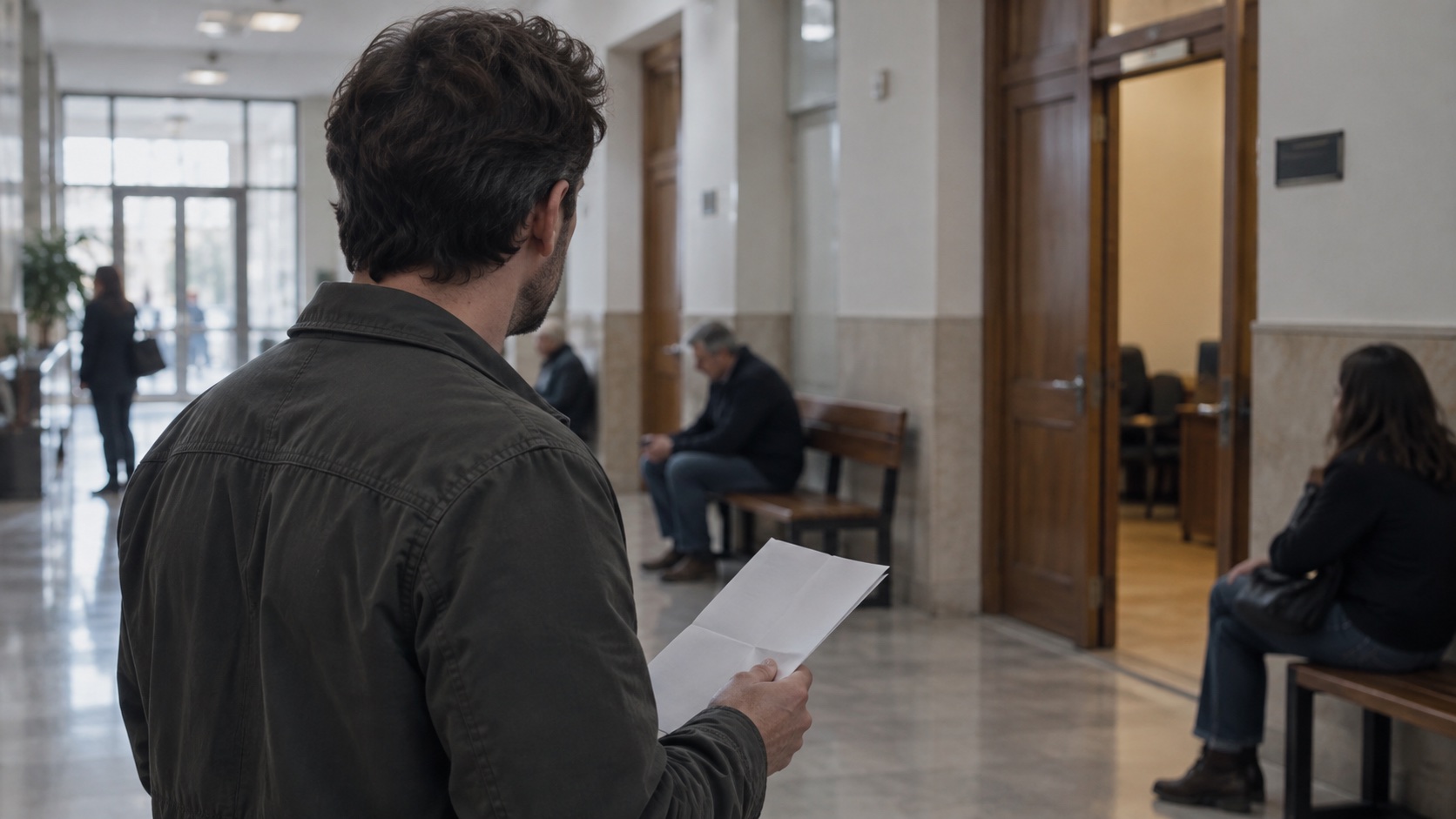 Persona con una citación esperando en un pasillo judicial