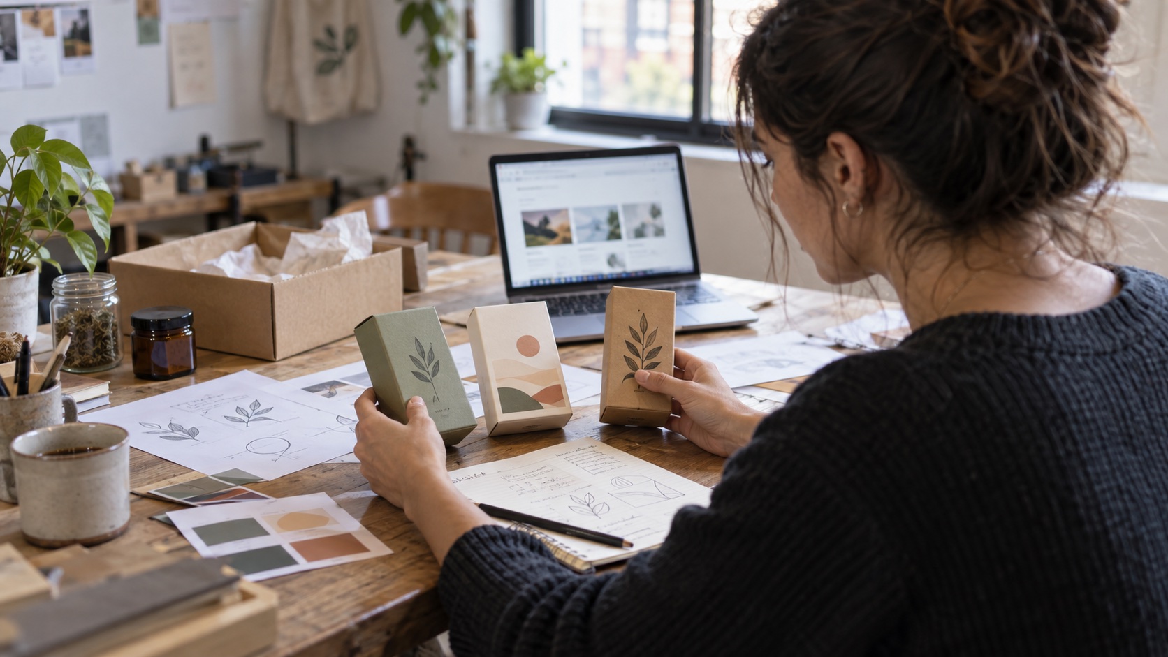Emprendedora comparando diseños de identidad para sus productos